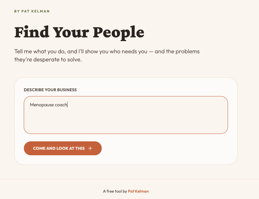 Find Your People app showing a business description field with Menopause coach entered
